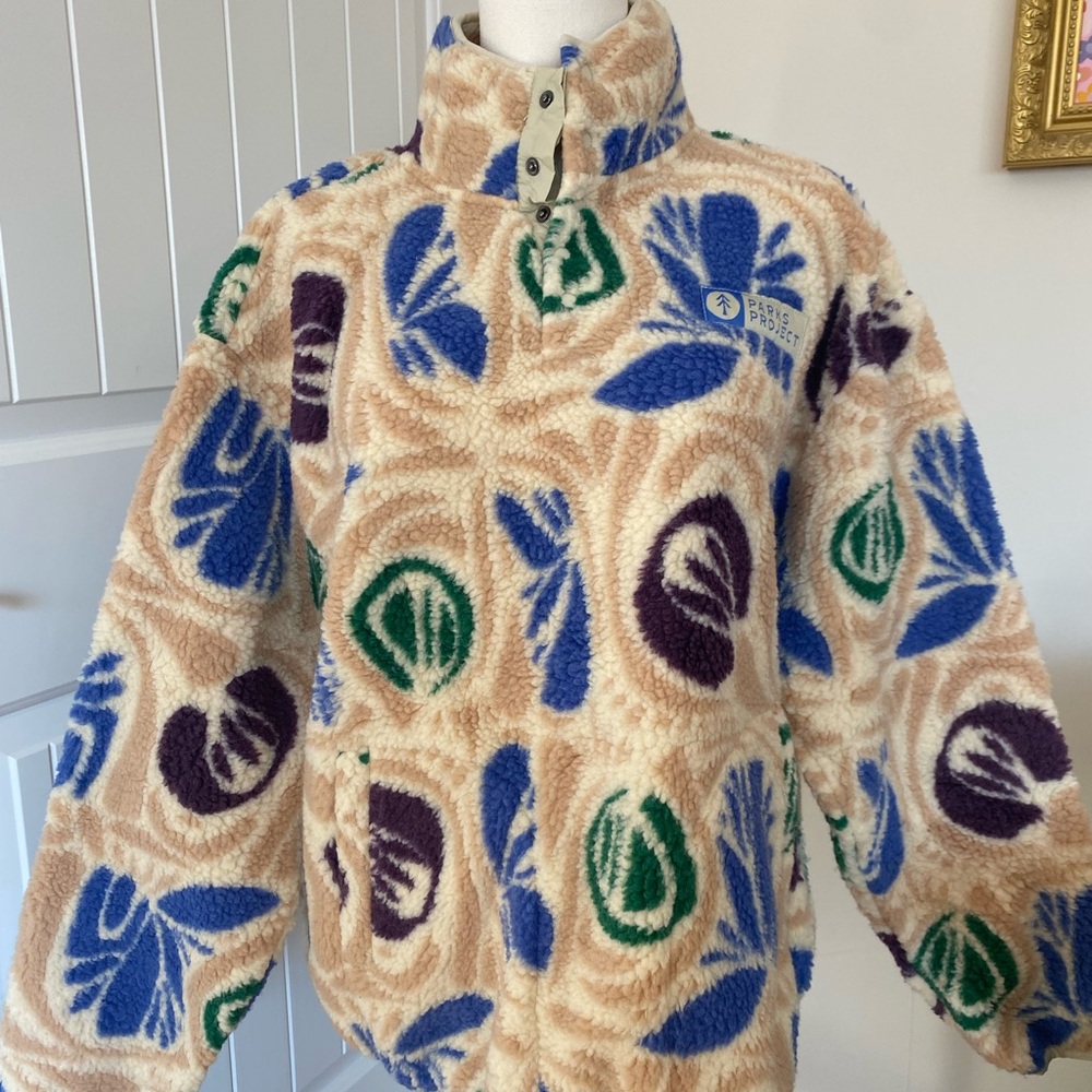NWOT Parks Project Fleece Jacket with Blue, Green, And Dark Purple Pattern